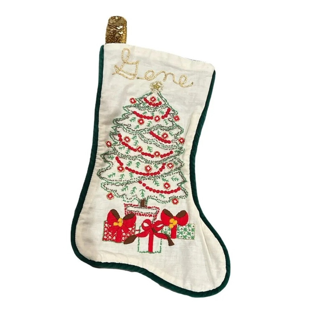 Vintage Hand Embroidered Christmas Stocking Green Velvet Gene Beaded Tree